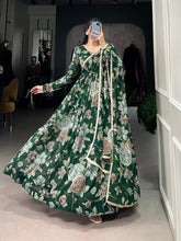 Green Color Floral Print With Lace Border Marbel Gown